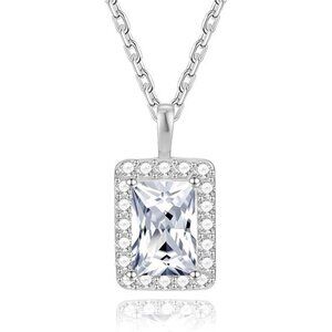 Square Cubic Zirconia Necklace 925 Sterling Silver Geometric Pendant for Women